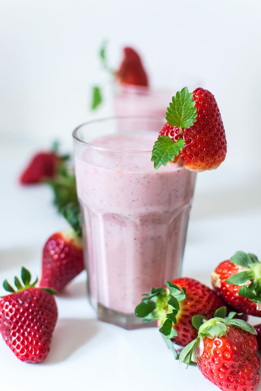 strawberry mint milkshake, Strawberry, mint, milkshake, close up, colorful, drink, homemade, strawberries, white background