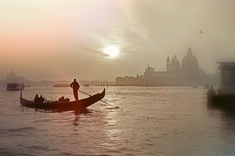 persona remando, barco, Venecia, Italia, góndola, laguna, romántico, wassertrasse, gondolero, arquitectura