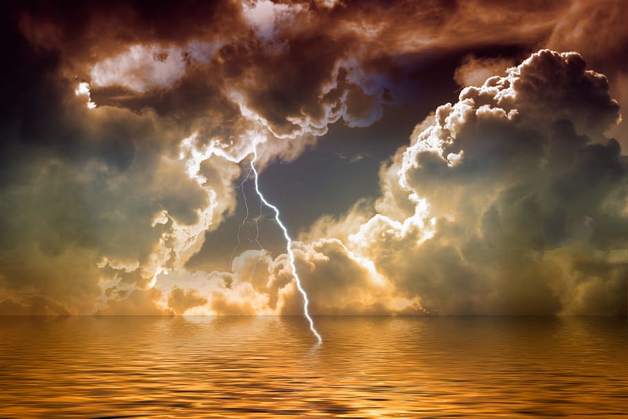 lightning, hitting, body, water, flash, thunderstorm, clouds, storm, severe weather warning, warning
