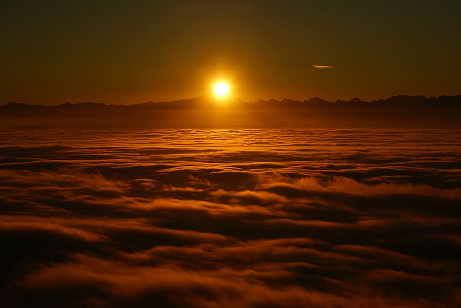 yellow, sun, sea, clouds, sunrise, selva marine, sea of fog, fog lights, nebula glow, cloud cover