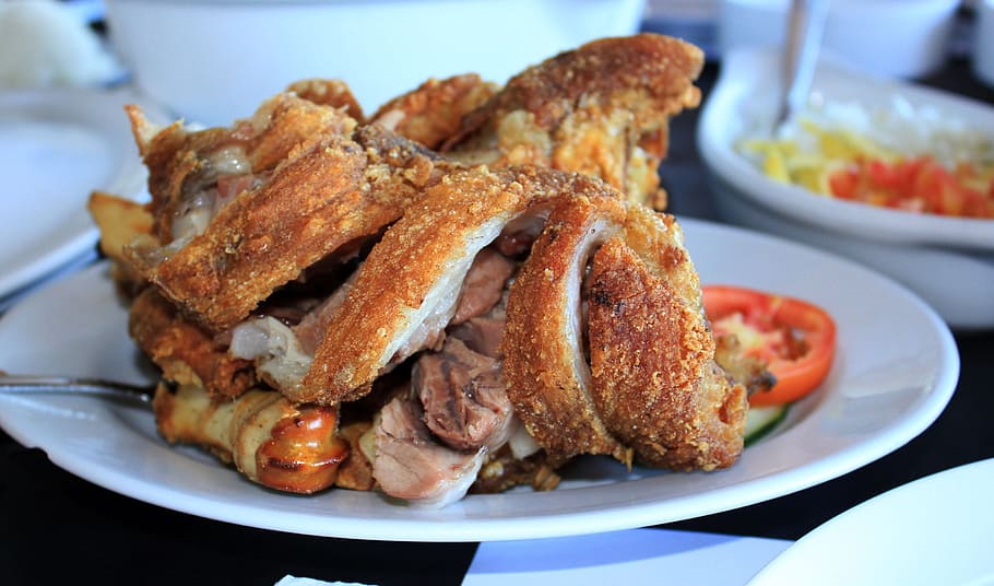 cooked, meat, round, white, plate, Crispy Pata, Food, crispy, crunchy, pork fat