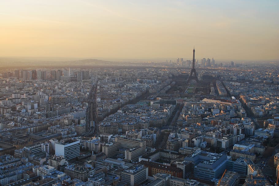 areal photography, paris france, paris, montmartre, view, eiffel tower, bird's eye view, afterglow, sunset, distant view
