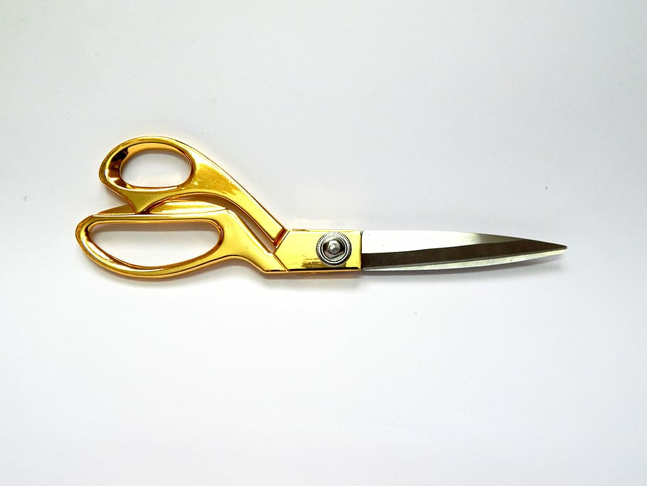 gold, silver shears, white, surface, Scissors, Tailor, Cut, Tool, Fabric, design