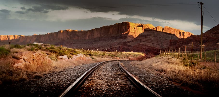 moab, utah, tracks, train, track, canyon, west, desert, vast, painting