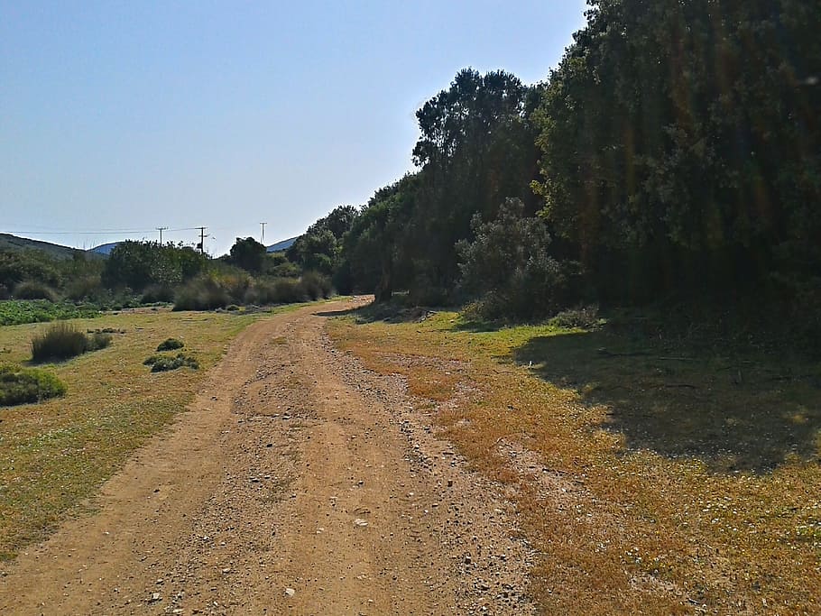 dirt, road, gravel road, path, countryside, greece, andros, nature, landscape, sky