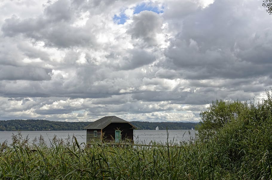 lake, clouds, sky, starnberger see, covered sky, landscape, cloud - sky, water, architecture, plant
