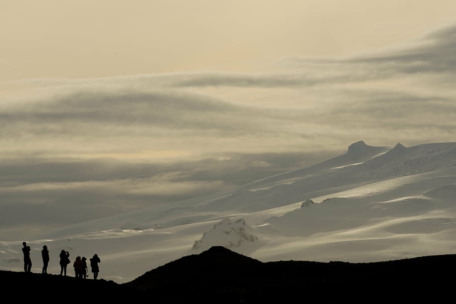 silhouette, people, mountain, highland, cloud, sky, summit, ridge, landscape, nature