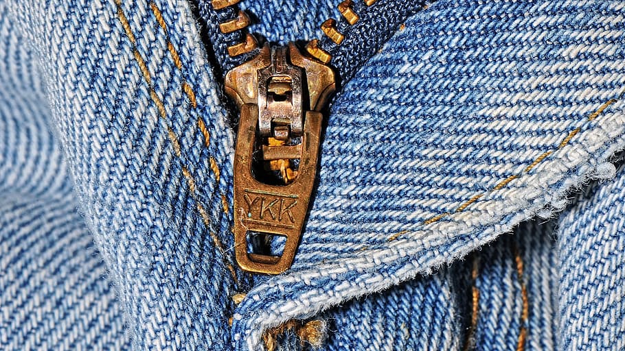 brass zipper, blue, denim bottoms, zipper, pants, jeans, clothing, textile, clothes, fabric