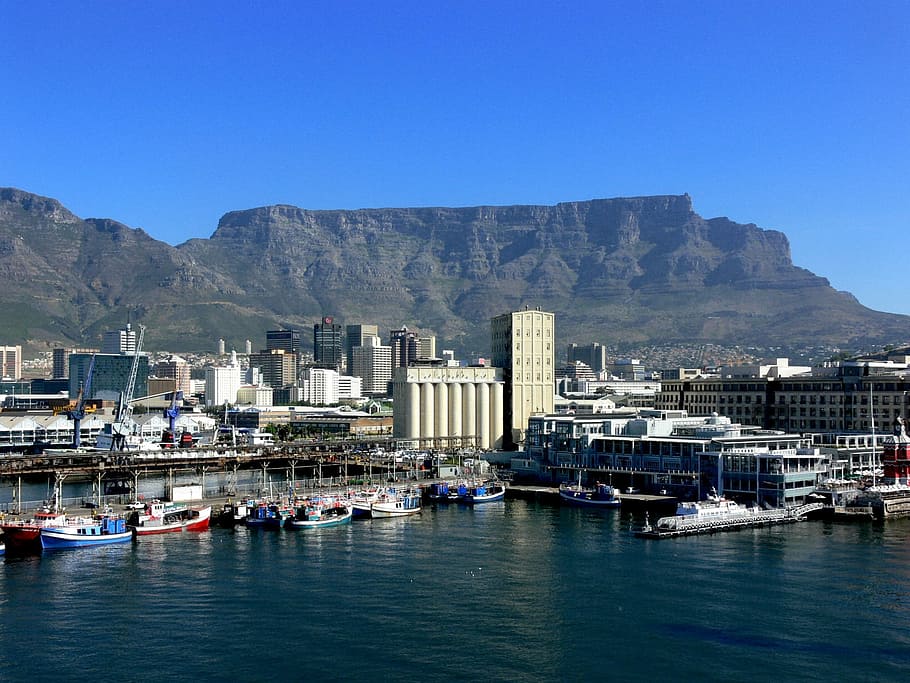 Waterfront, Cape Town, Harbor, table mountain, blue sky, azure, mountain, backdrop, dramatic, city