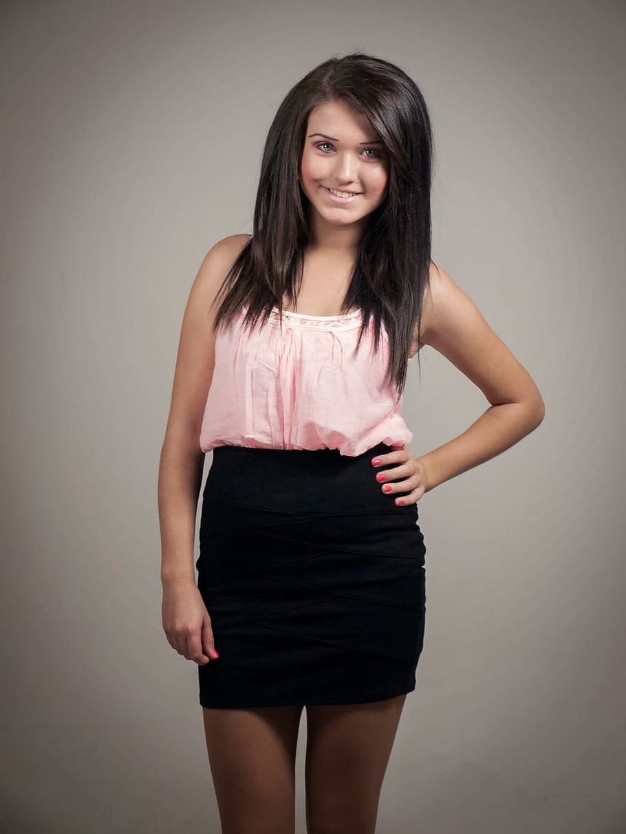 woman, wearing, pink, spaghetti-strap, top, black, skirt, girl, smile, happy