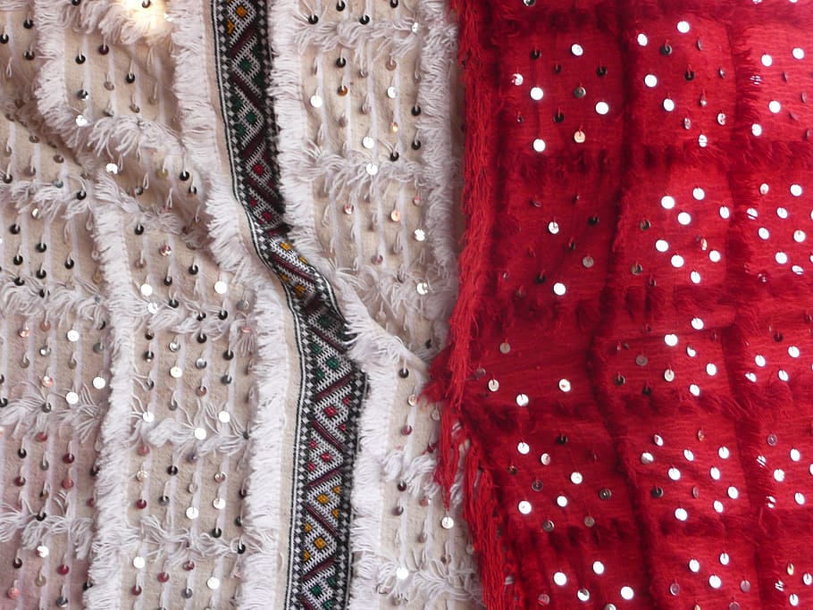close-up photo, red, grey, textiles, fabric, moroccan, arabic, structure, color, substances