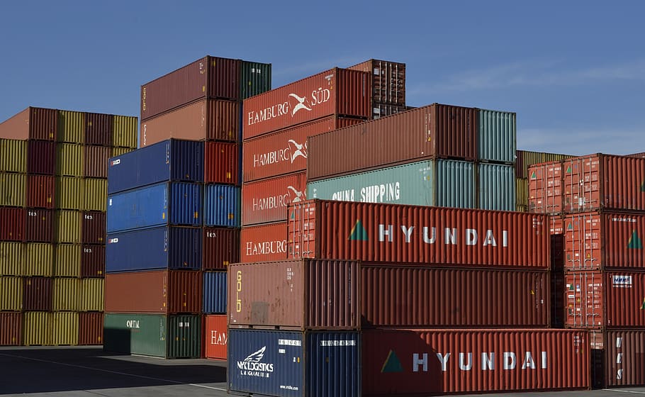 merah, biru, wadah kargo, wadah, kargo, transportasi, logistik, pelabuhan kontainer, terminal kontainer, pelabuhan nürnberg