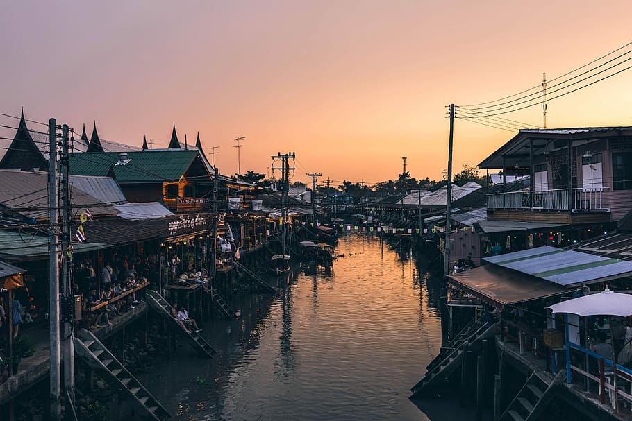amphawa, floating, market, Amphawa floating market, Thailand, floating market, public domain, river, sky, water