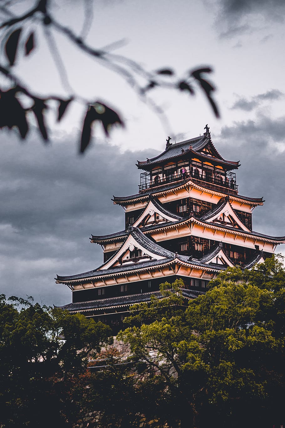arquitetura, construção, infraestrutura, design, castelo de hiroshima, japão, viagem, árvores, planta, natureza