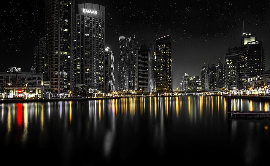 city buildings, night time, dubai, cityscape, night, skyscraper, marina, architecture, building exterior, built structure