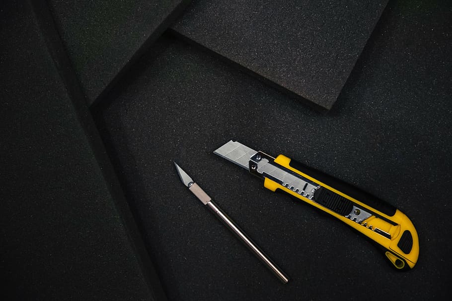 yellow, utility knife, black, mat, knife, tools, cutting, constructing, sponge, cut