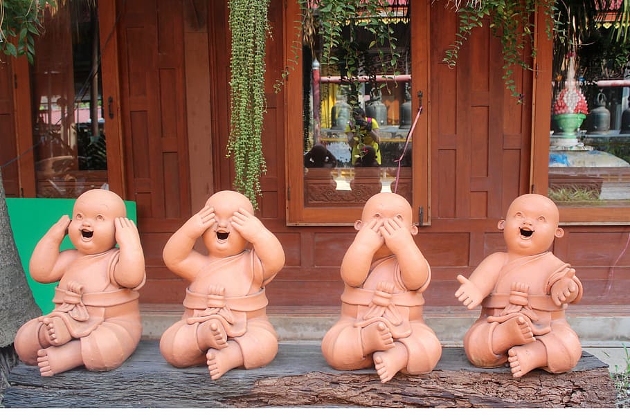 four, brown, ceramic, babies figurines, children, buddha, decoration, figure, kids, toys