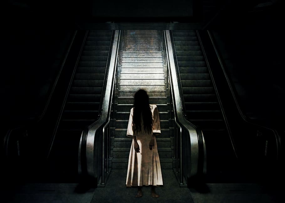 woman's white dress, ghost, escalator, spirit, form, creepy, mystical, dream, spooky, horror