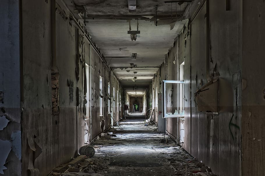 vazio, destruído, abandonado, corredor do edifício, sair, dentro, arquitetura, porta, piso, velho