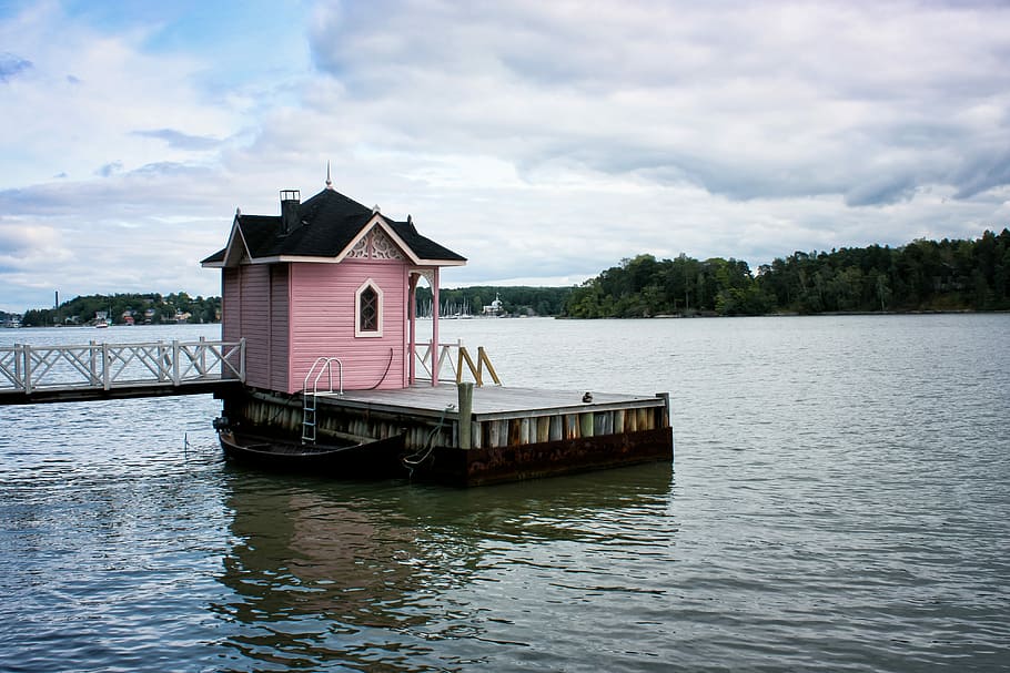 rosa, casa, corpo, agua, pequeno, sauna, finlandês, de madeira, arquitetura, países bálticos