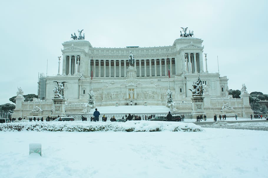 rome, italy, snow, wedding cake, piazza venezia, cold temperature, winter, architecture, built structure, building exterior