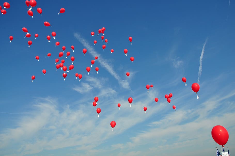 red, balloons, air, ball, helium, sky, festival, letting go of a balloon, travel, space
