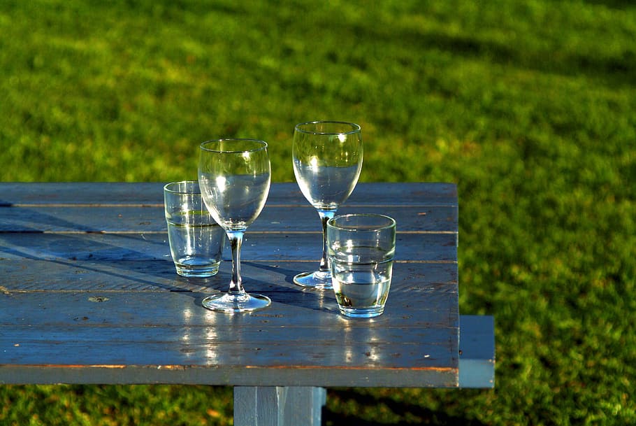 glass, tumbler, wine glasses, table, picnic, drink, refreshment, food and drink, household equipment, day