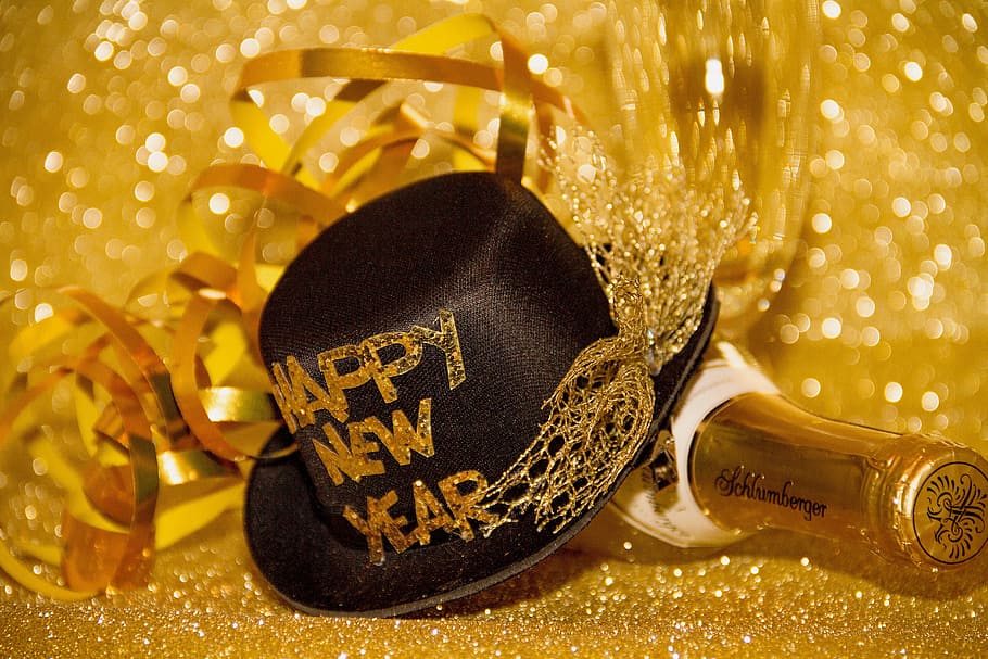 black, hat, bottle, gold backgrund, new year's eve, champagne, turn of the year, new year's greetings, annual financial statements, luck