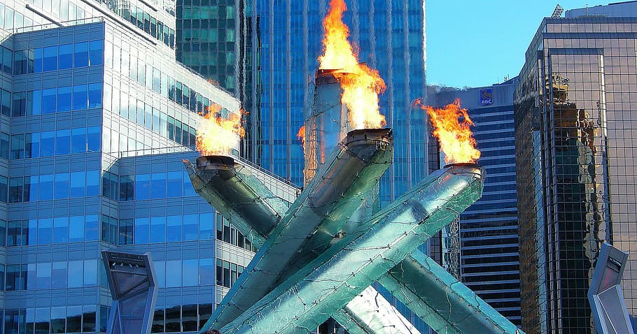 olympic torch, vancouver, cauldron, architecture, building exterior, built structure, city, burning, fire, building