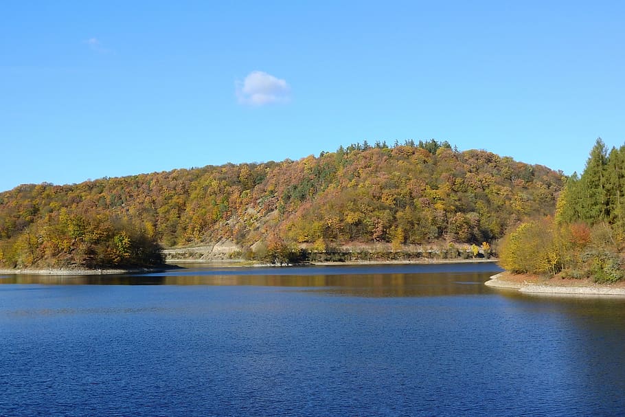 autumn landscape, dam, lake, autumn forest, forests, křivoklátsko, klíčava, water work, water, tree