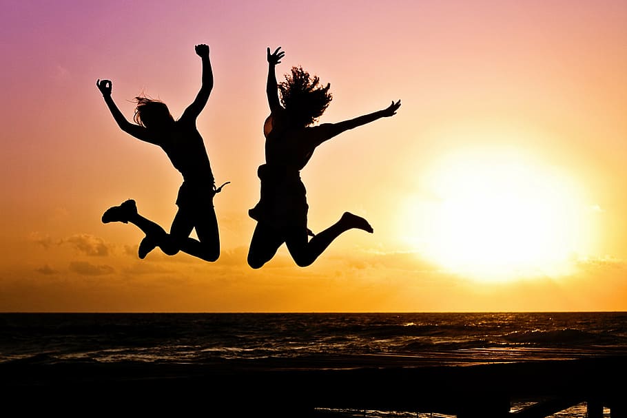 jump shot silhouette, two, women, golden, time, youth, active, jump, happy, sunrise