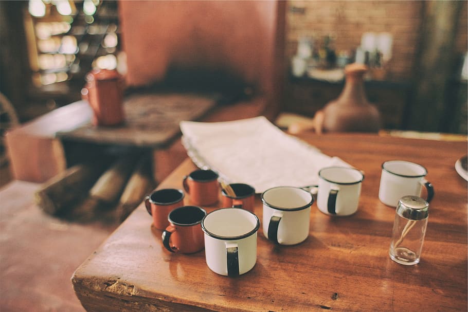 cups, mugs, wood, table, indoors, wood - material, still life, focus on foreground, glass - material, absence