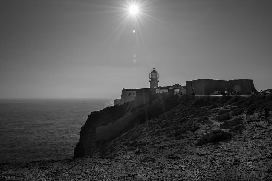 Cape Saint Vincent, lighthouse, coast, ocean, sea, sunlight, black and white, sky, water, architecture
