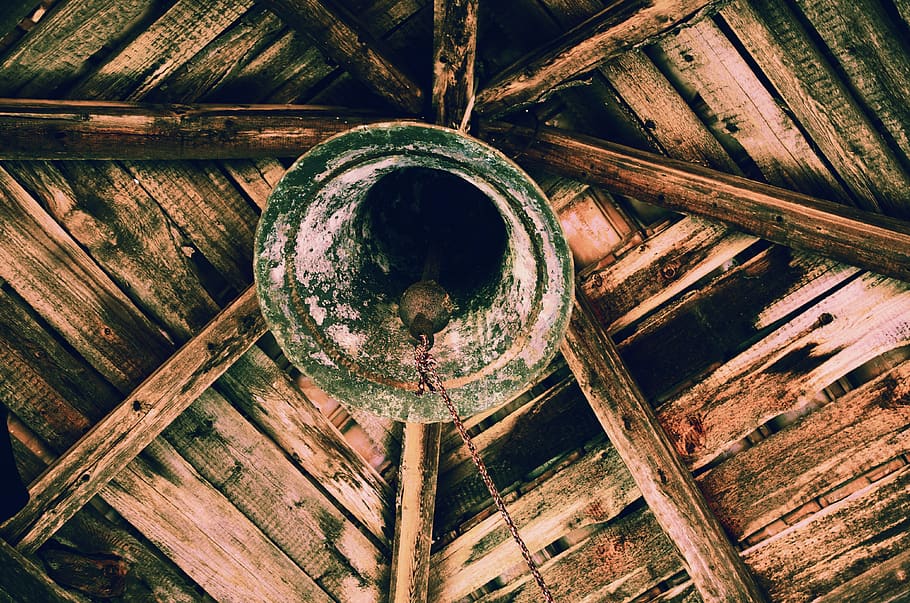 bell, bell tower, old bell, bulgaria, wood - material, low angle view, ceiling, day, architecture, hanging