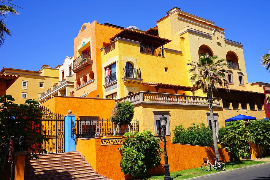 laranja, bege, concreto, edifício de vários andares, palmeiras, hotel de luxo, construção, hotel, arquitetura, nobre
