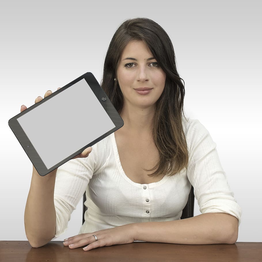 woman, holding, black, tablet computer, ipad, presentation, screen, digital, person, display