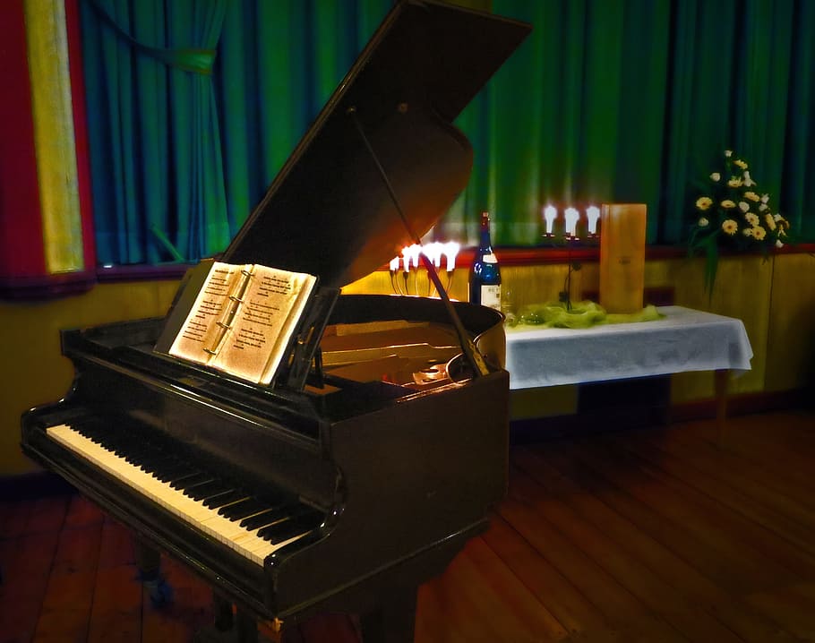 brown, grand, piano, table, window, ambience, diner, event, celebration, mood