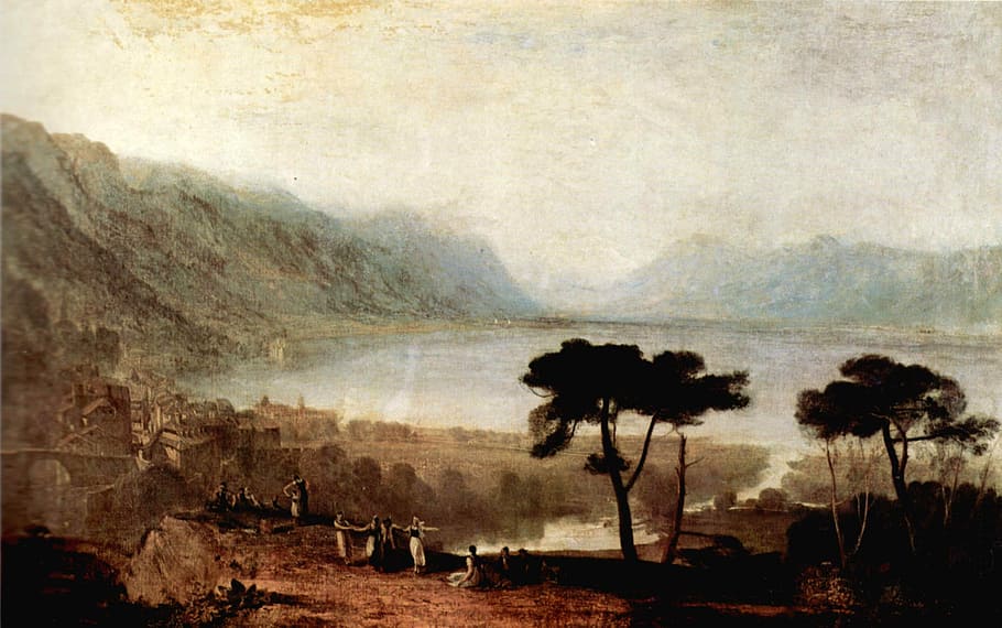 seen, 1810, Lake Geneva, Montreux, Switzerland, photos, landscape, landscapes, painting, public domain