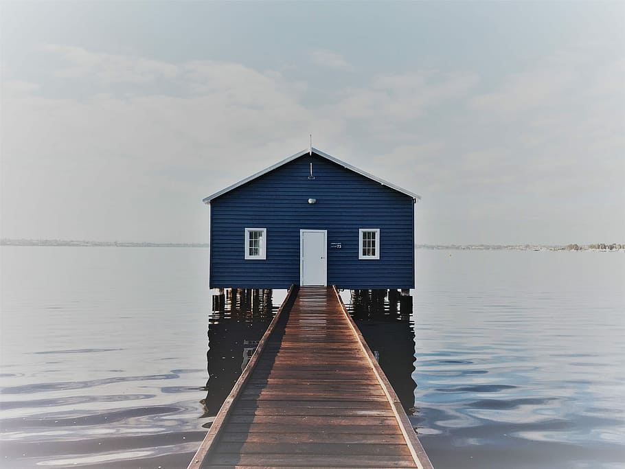 dock, towards, blue, house, Perth, Swan River, River, House, water, pier, sea
