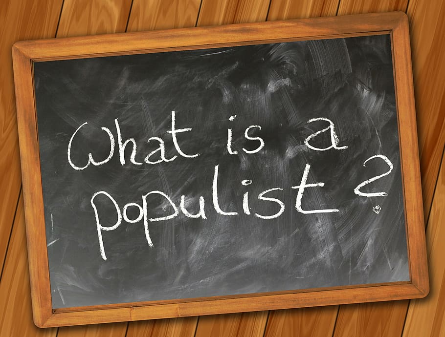 populista, decoração da parede, populismo, pergunta, conselho de administração, escola, slogan, política, retórica, ideologia