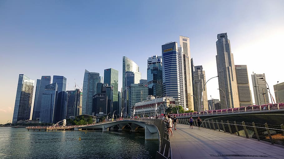 white concrete buildings, singapore, singapore river, jubilee bridge, skyline, building, water, financial district, skyscraper, architecture