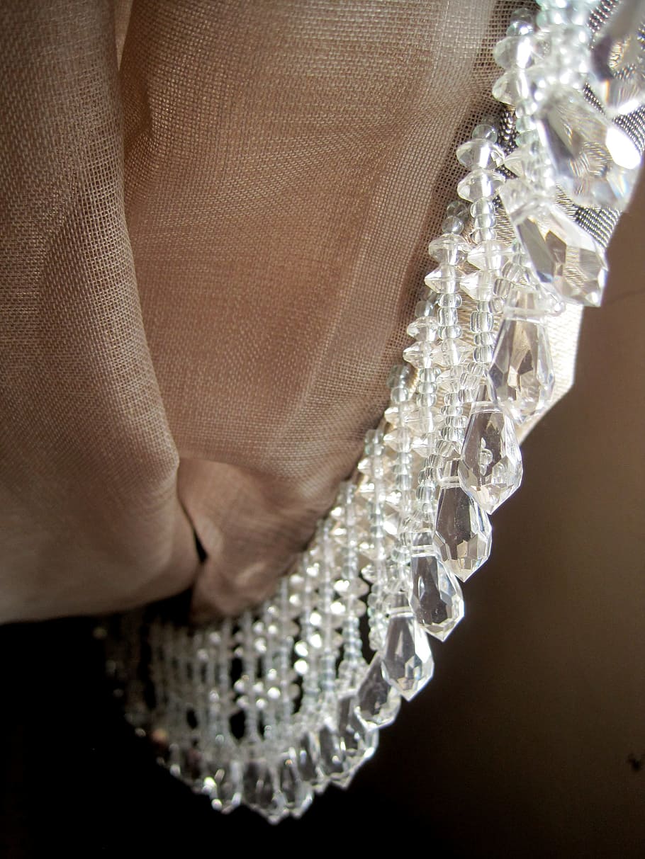 Curtain, Drape, Folds, Salmon Colored, crystal beads, fringe, decorative, shiny, hanging, reflected light