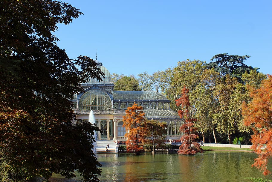 white, gray, concrete, 2-story, 2- story building, body, water, crystal palace, removal, parque del retiro