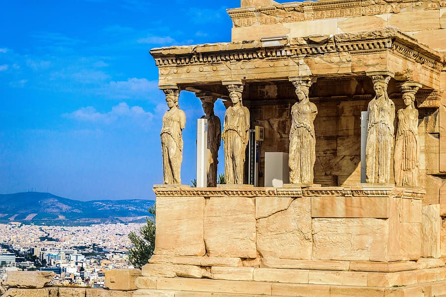 茶色の石造りの家, アテネ, カリアティード, ギリシャ, 寺院, アクロポリス, 遺跡, ヨーロッパ, 建物, 歴史