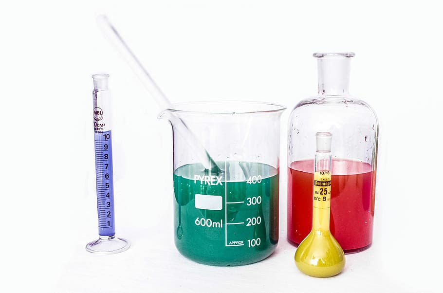vaso de precipitados, matraz erlenmeyer, frasco, laboratorio, investigación, prueba, experimento, muchos, farmacéutico, coloreado