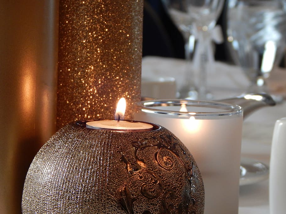 closeup, two, lit, candles, candle, decorative, decoration, festive, candlelight, flame