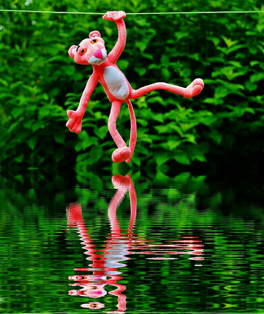 water, mirroring, hang out, plush toys, the pink panther, toys, fun, funny, play, stuffed animal