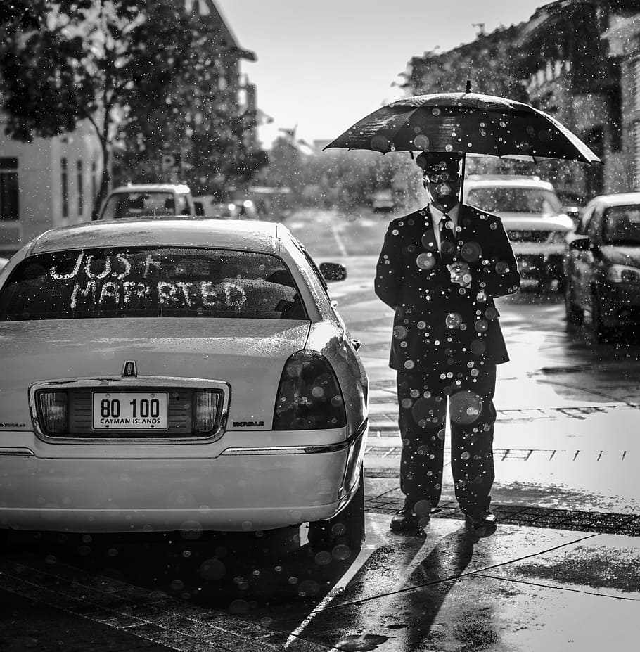 person, holding, umbrella, standing, car, wedding, rain, island, man, love