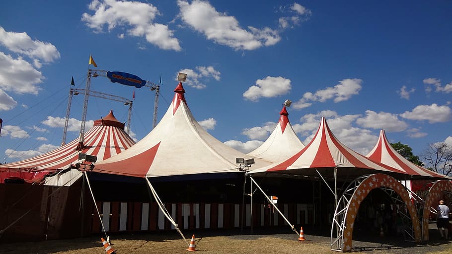 white, red, carnival tents, cloudy, sky, daytime, circus, clown, são carlos, são paulo