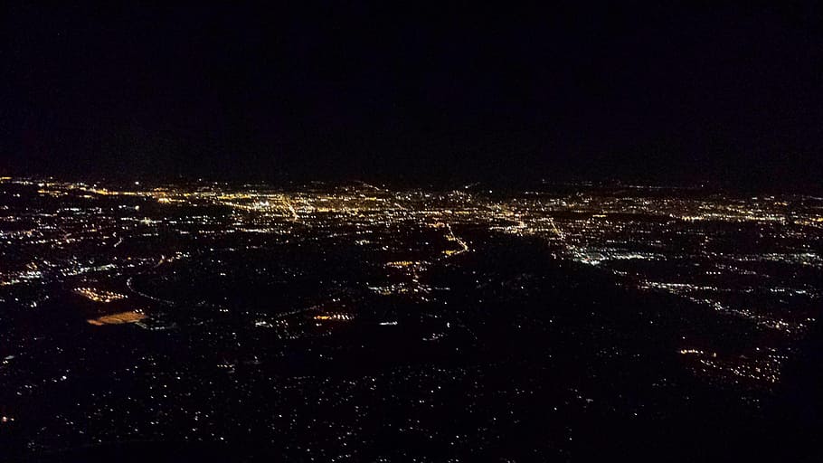 Filadélfia, noite, luzes, construção, viagem, céu, cena, metropolitana, avião, iluminado